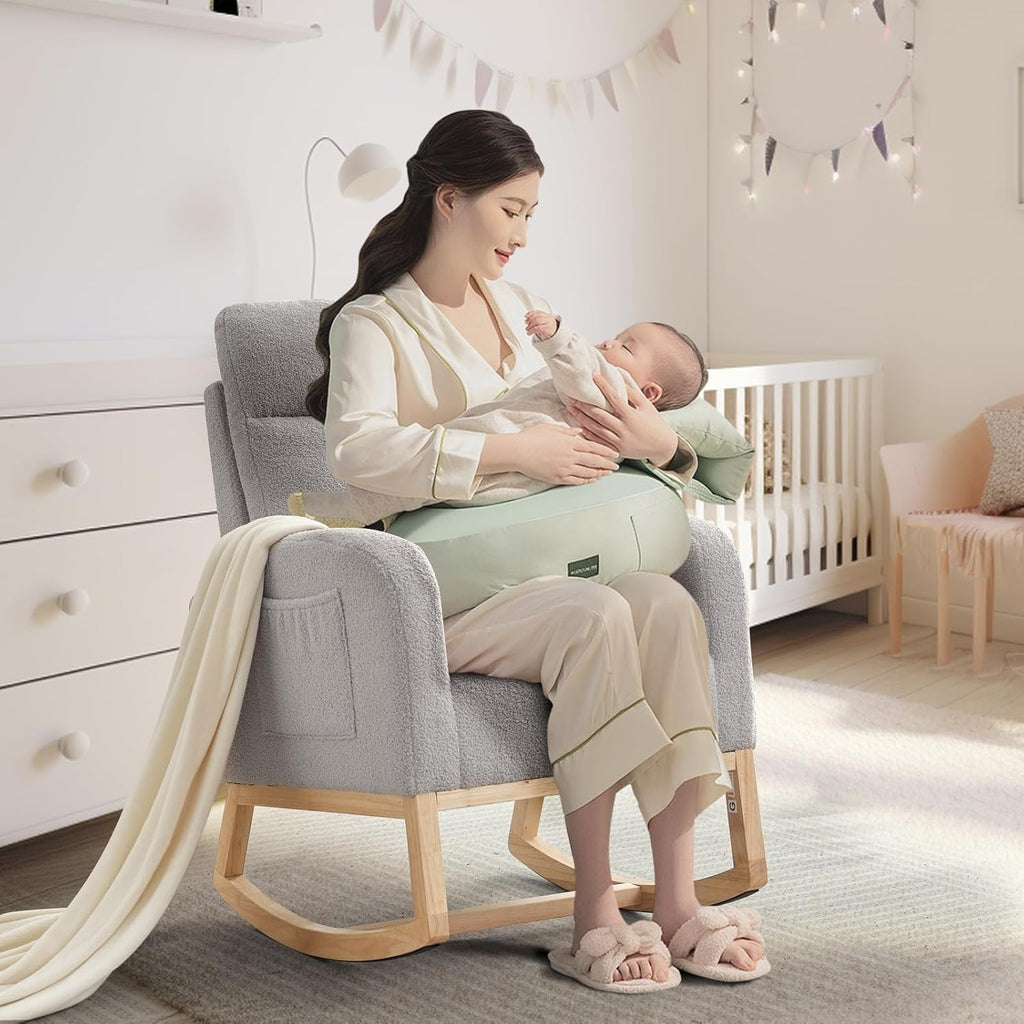 Nursery Glider Rocking Chair with 2 Side Pockets - Solid Wood Legs, Cozy Armchair for Baby Room, Living Room, Bedroom, Comfortable Nursery Essential(Light Gray)