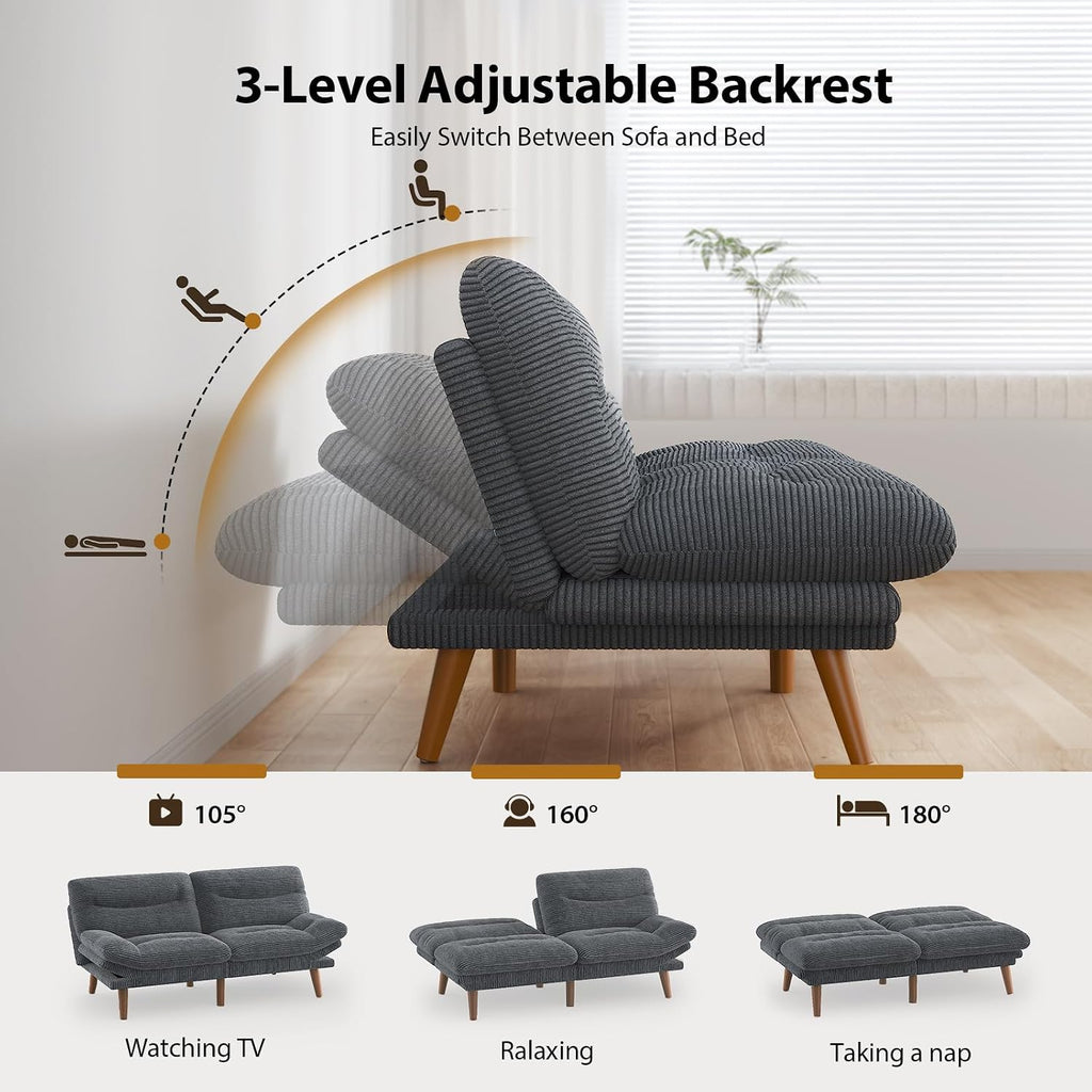 Pipishell Futon Sofa Bed, 75 Inch Corduroy Futon Couch Convertible with Adjustable Backrest and Armrests, Recliner Sleeper Sofa for Small Spaces, Living Room, Office, Guest Room (Grey, 75 Inch) | Adjustable