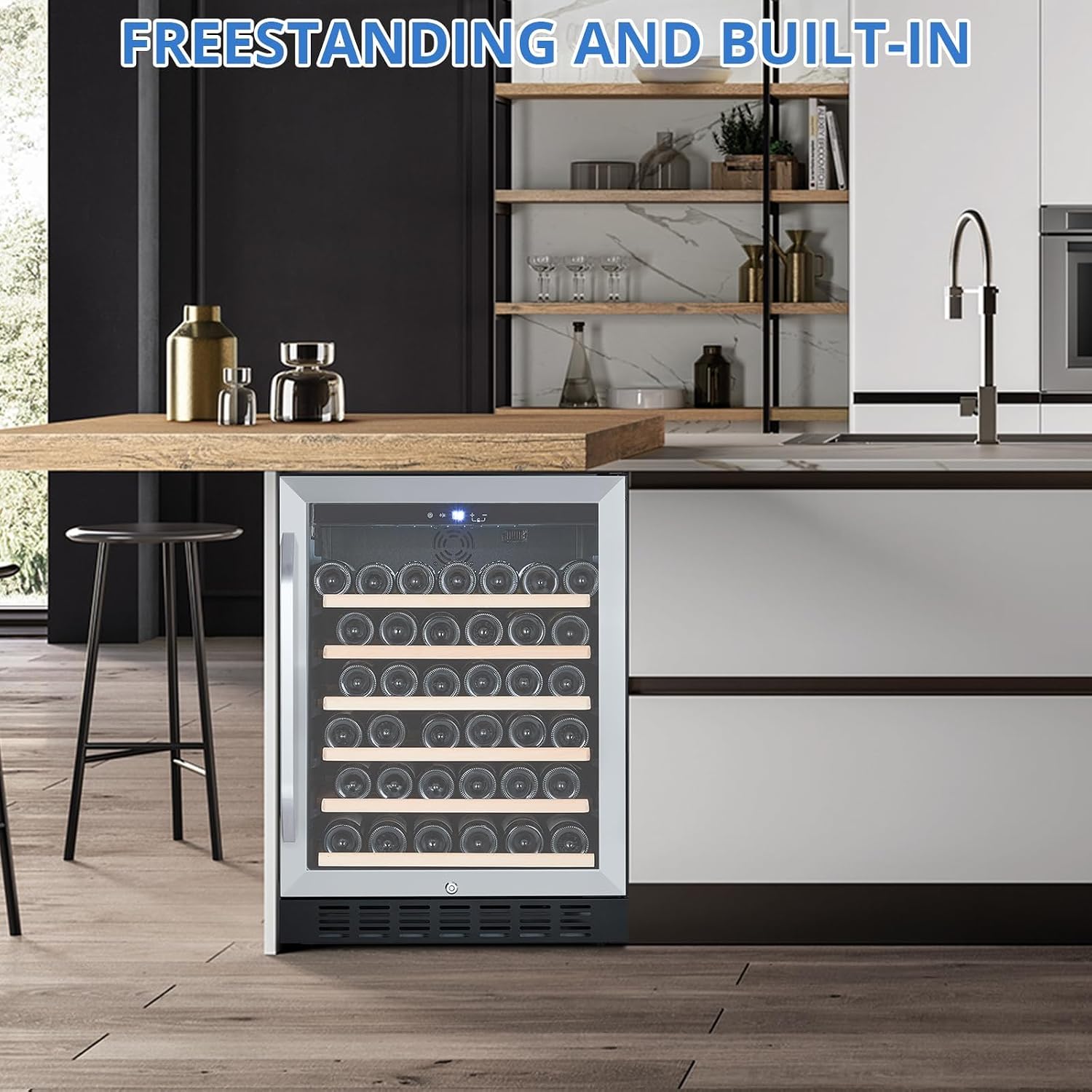 GarveeHome Wine Cooler, 46 Bottle Freestanding or Built-in Metal Design, Wine Fridge, Single Zone Dual Temperature Wine Fridge for Red, White and Champagne with Adjust Temperature, Black