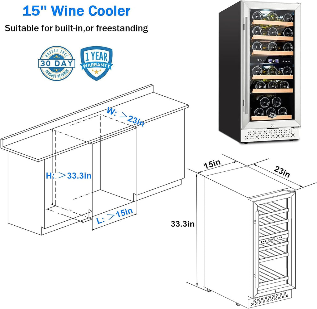 Tylza 15 Inch Wine Fridge, 30 Bottles Dual Zone Wine Cooler Refrigerator, Undercounter or Freestanding, 40-65°F, Wine Cabinet with Tempered Glass Door, Wine Cooler for Home, Kitchen, Bar