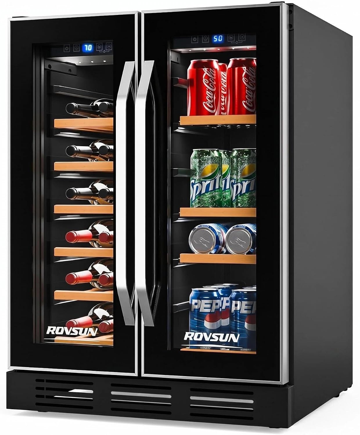 ROVSUN 24''W Dual Zone Wine Fridge with Compressor, 34 Bottle Built-in Wine Cooler Refrigerator with Touch Panel Control and 2 Glass Door, Wine Cellar for Red, White Champagne or Sparkling, 37-64°F