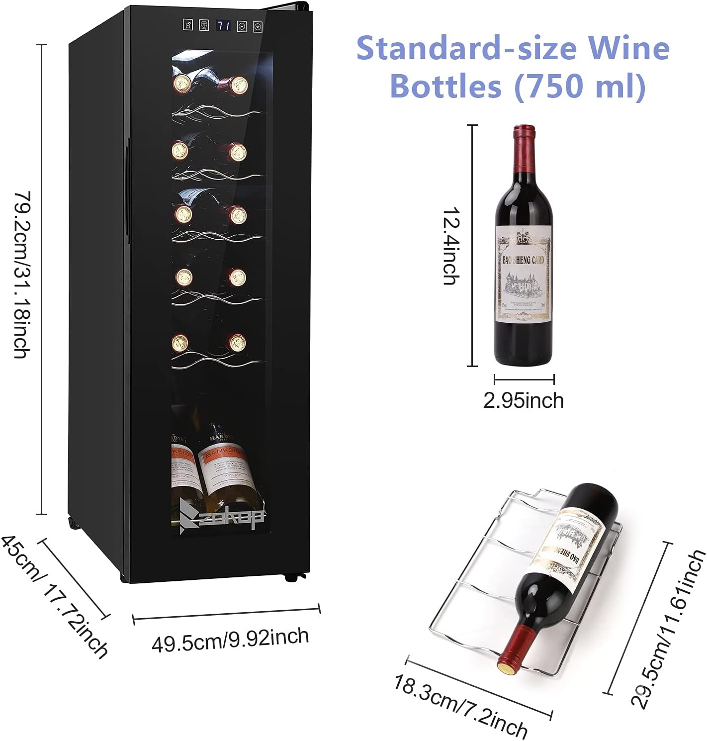 ROVSUN 10''W Small Wine Fridge with Compressor, 12 Bottles Freestanding Wine Cooler Refrigerator with Touch Panel Control and Glass Door, Wine Cellar for Red, White, Champagne or Sparkling, 41-64°F