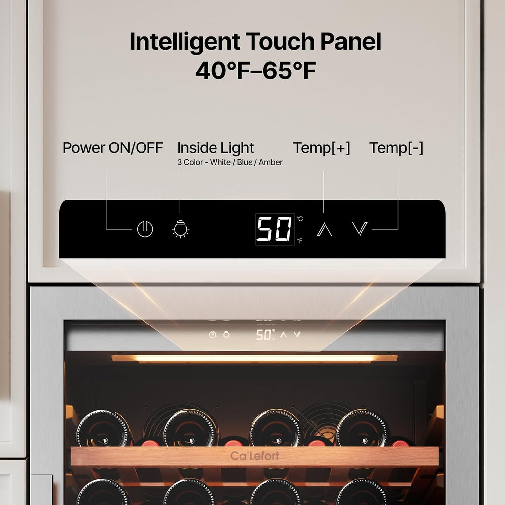 Ca'Lefort 90 Bottle Wine Fridge - 24 Inch 40-65°F Wine Cooler with Glass Door & Bottom Drawer, 10 Adjustable Shelves & 3 LED Lights, Energy Star Certified Built-in/Freestanding for Home/Bar/Kitchen