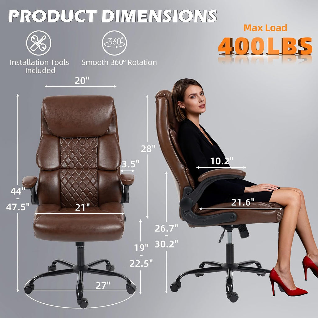 Office Chair - Ergonomic High Back Computer Desk Chair with Rocking Function & Lumbar Support - Executive Comfortable Wide Swivel Rolling Office Leather Chair with Flip-up Armrests for Home Gaming
