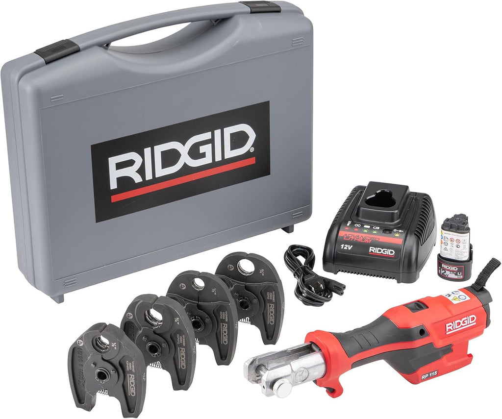 RIDGID 72558 Model RP 115 Mini Press Tool and Battery Kit with 1/2' to 3/4' ProPress and PureFlow Press Tool Jaws, 2V Li/Ion Battery, 12V Charger, and Carrying Case