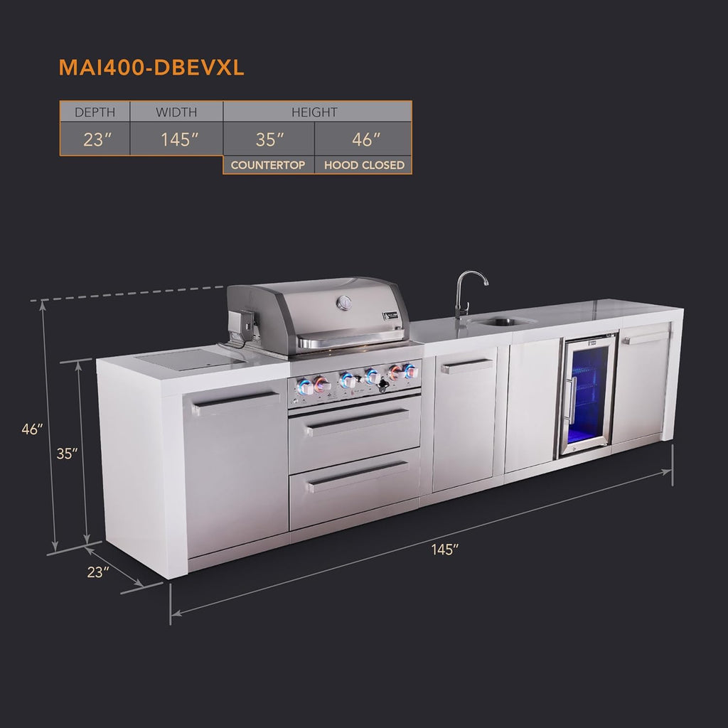 Mont Alpi Premium 145' Deluxe Stainless Steel Outdoor Kitchen Island with Refrigerator + Beverage Center Faucet & Sink + 32'W 4-Burner BBQ Grill + Granite Countertops + Storage + Rotisserie + Cover