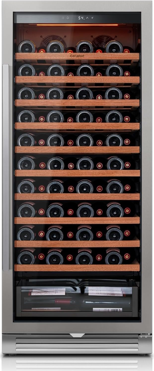 Ca'Lefort 90 Bottle Wine Fridge - 24 Inch 40-65°F Wine Cooler with Glass Door & Bottom Drawer, 10 Adjustable Shelves & 3 LED Lights, Energy Star Certified Built-in/Freestanding for Home/Bar/Kitchen