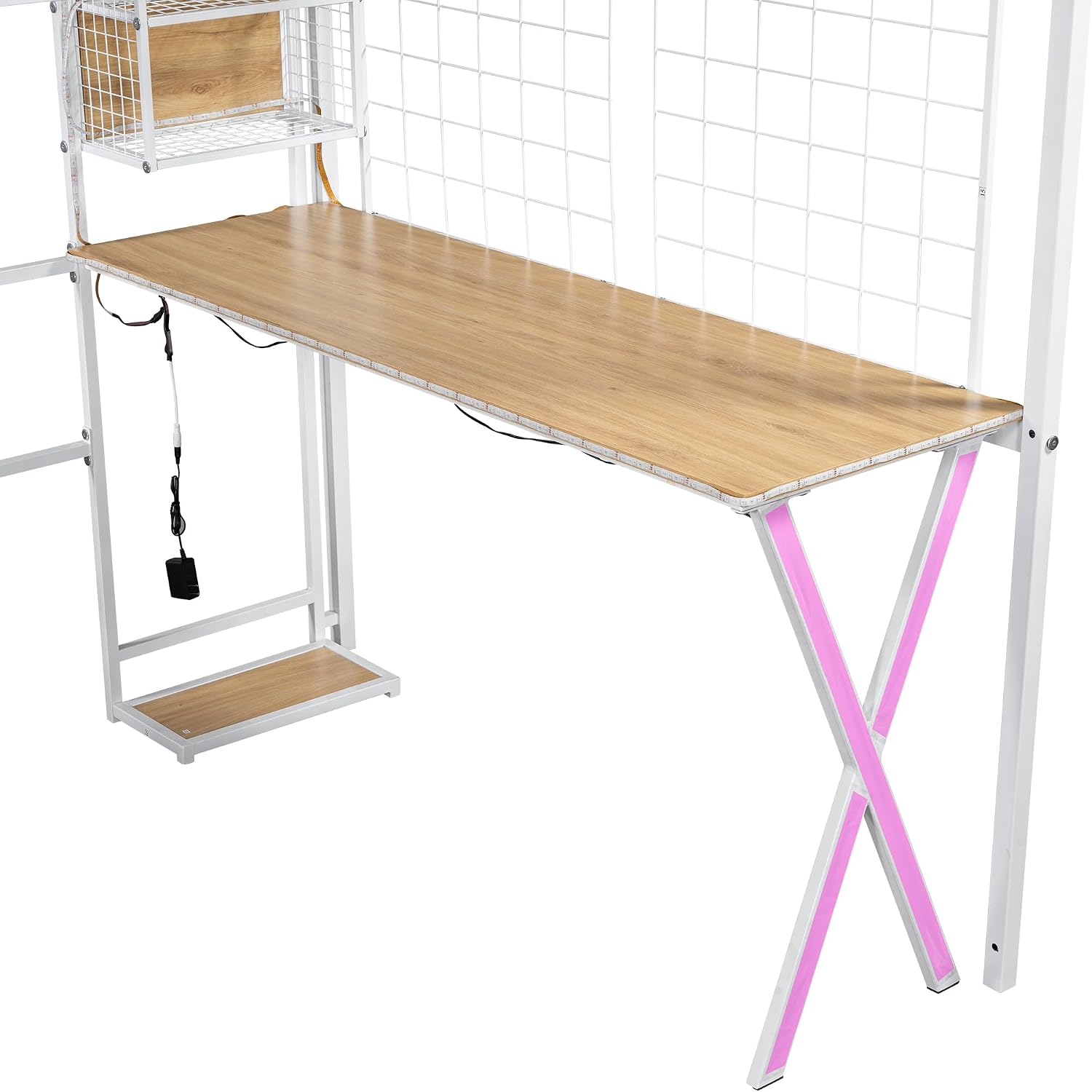 Metal Full Size Loft Bed with Desk and Stairs,Heavy Duty Loft Bed Frame with Wardrobe and LED Lights,Loft Bed Full Size with Storage Shelves for Kids,Teens,Adults,Space Saving,White