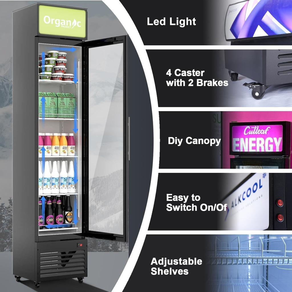Commercial Beverage Refrigerator Display Fridge,7 Cu Ft Small Slims Single Glass Door Merchandiser Drink Cooler with LED Light Adjustable Shelves,ETL and NSF Approval