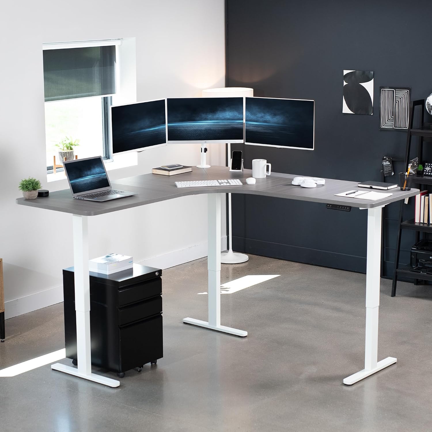 VIVO Electric Height Adjustable 71 x 71 inch Curved Corner Stand Up Desk, Dark Gray Table Top, White Frame, Memory Controller, L-Shaped Workstation, E3C Series, DESK-KIT-E3CWG