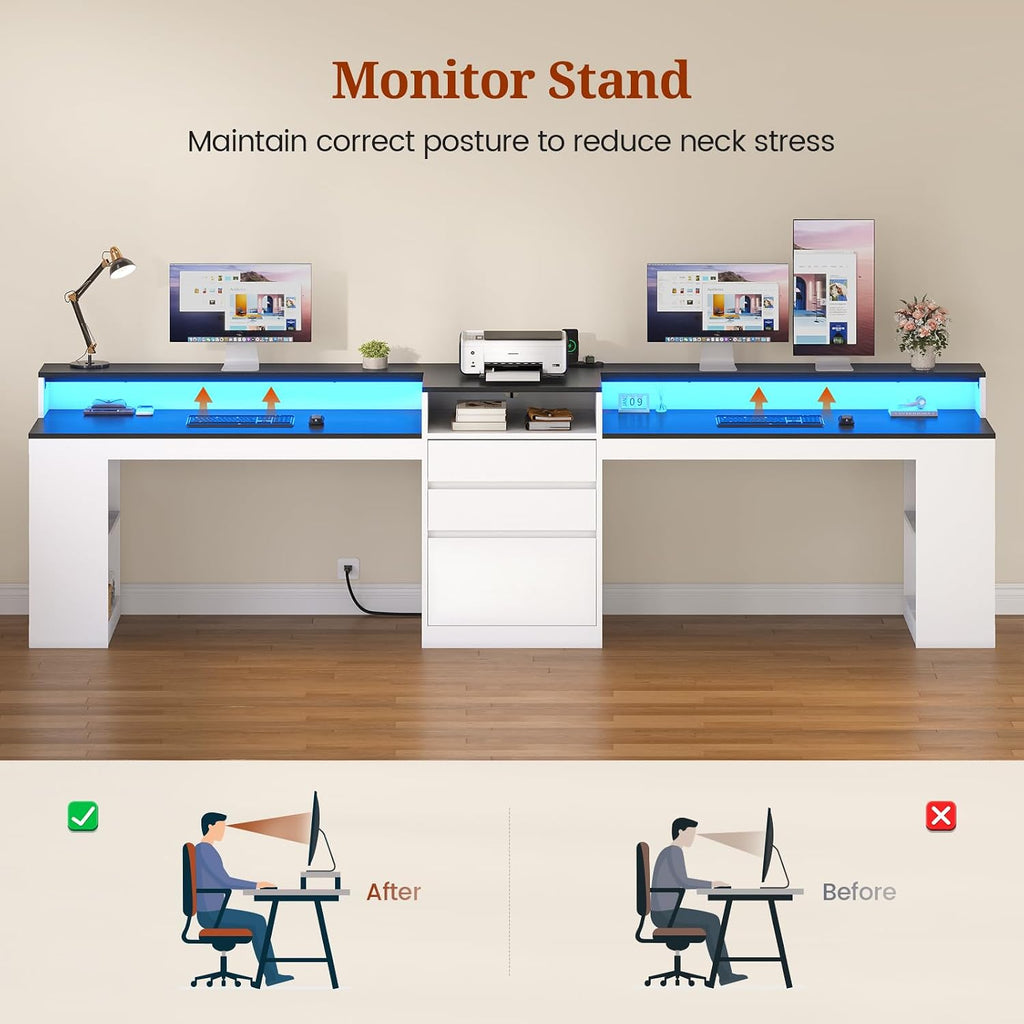 96.6' Long Computer Desk, 2 Person Desk with LED Lights & Power Outlet, Modern Two Person Gaming Desk with File Drawers, Monitor Stand, Printer Shelf ＆ Storage, Double Table for Home Office White