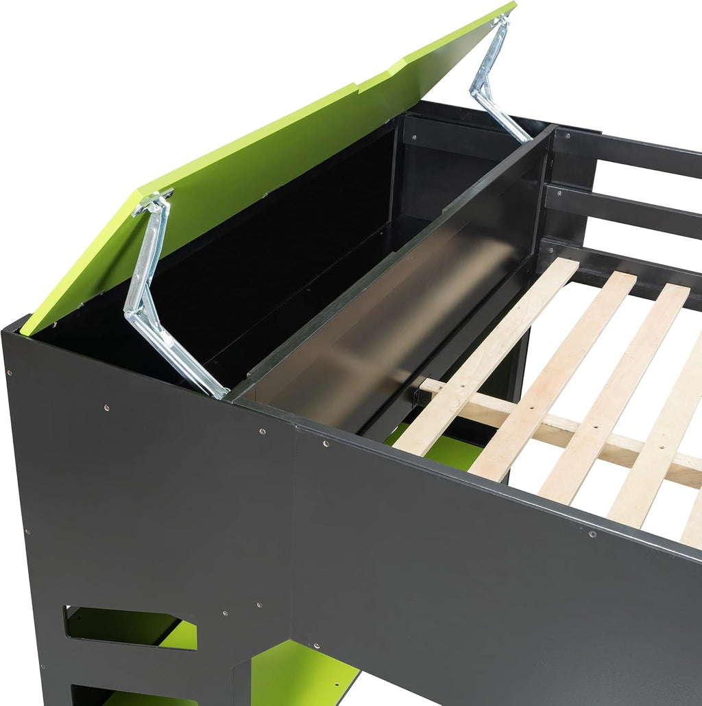 Merax Wood Loft Bed with Height-Adjustable Desk,Drawers,Storage Compartments,Hanging Rod and RGB Lights, Full Size, Green