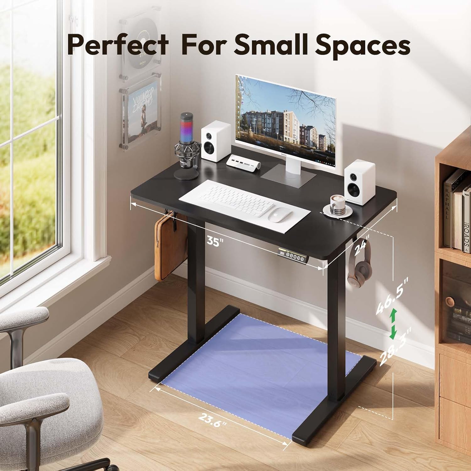 Electric Standing Desk,35x24 Inches Adjustable Height Stand up Desk, Sit Stand Home Office Desk with Splice Board, 3 Preset Heights,Equipped with Hooks,Ergonomic Computer Desk Workstation，Black