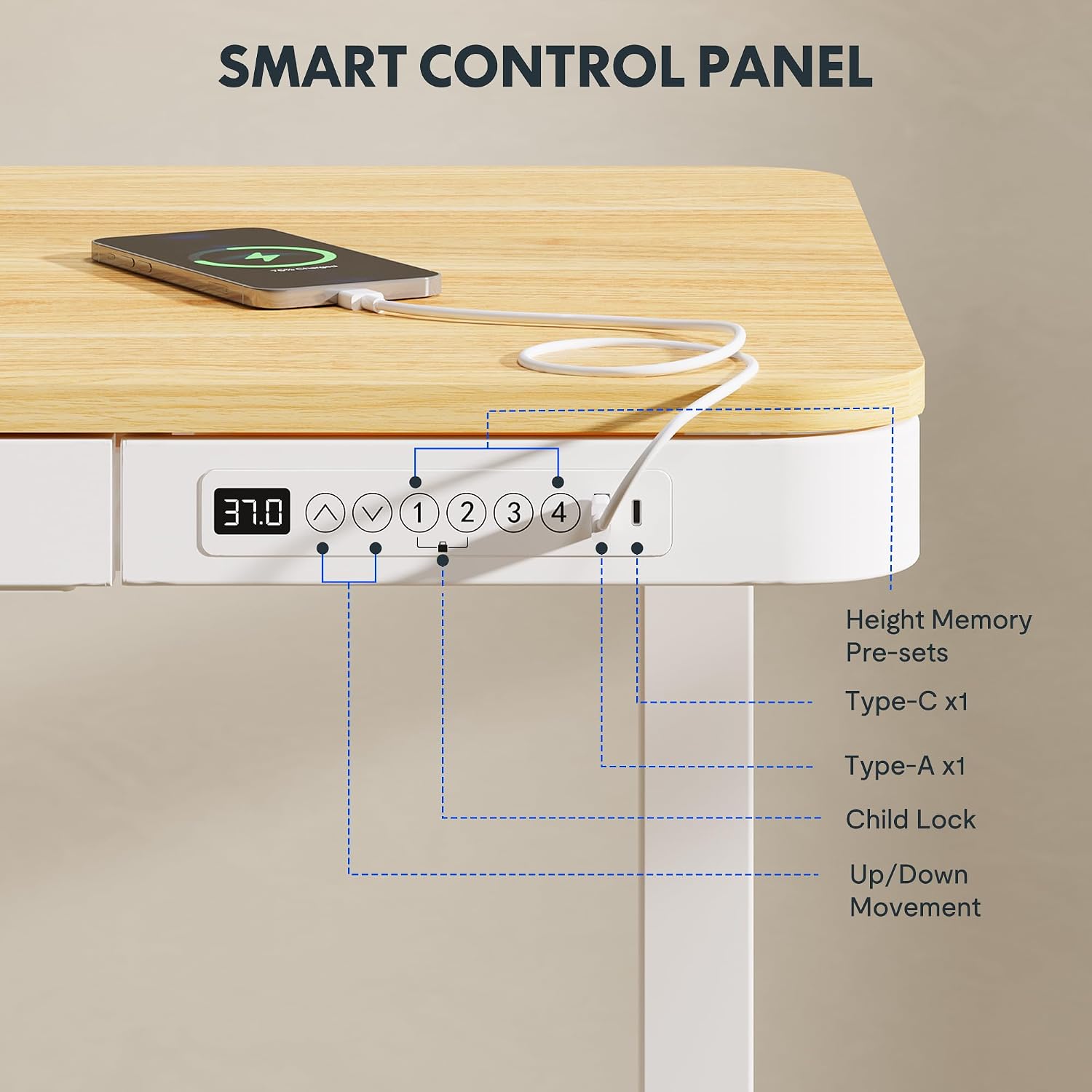 FLEXISPOT Comhar Electric Standing Desk with Drawers Charging USB Port, Height Adjustable 48' Whole-Piece Quick Install Home Office Computer Laptop Table with Storage (Maple Top + White Frame)