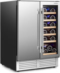 COSTWAY Wine and Beverage Refrigerator, 24 Inch Dual Zone Under Counter Wine Beverage Cooler with Lock, Stainless Steel Door, Built-in & Freestanding Wine Fridge Holds 19 Bottles and 57 Cans