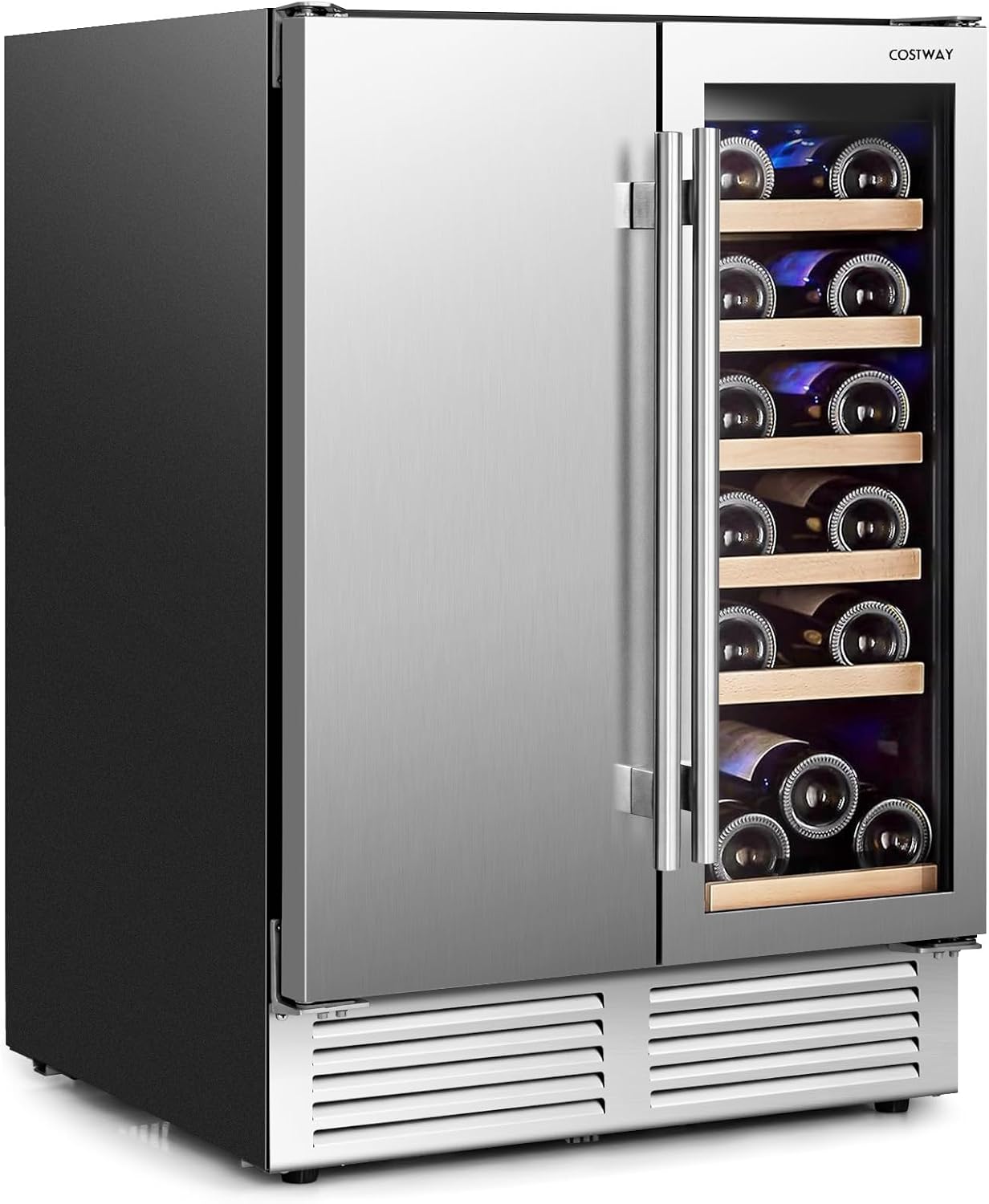 COSTWAY Wine and Beverage Refrigerator, 24 Inch Dual Zone Under Counter Wine Beverage Cooler with Lock, Stainless Steel Door, Built-in & Freestanding Wine Fridge Holds 19 Bottles and 57 Cans