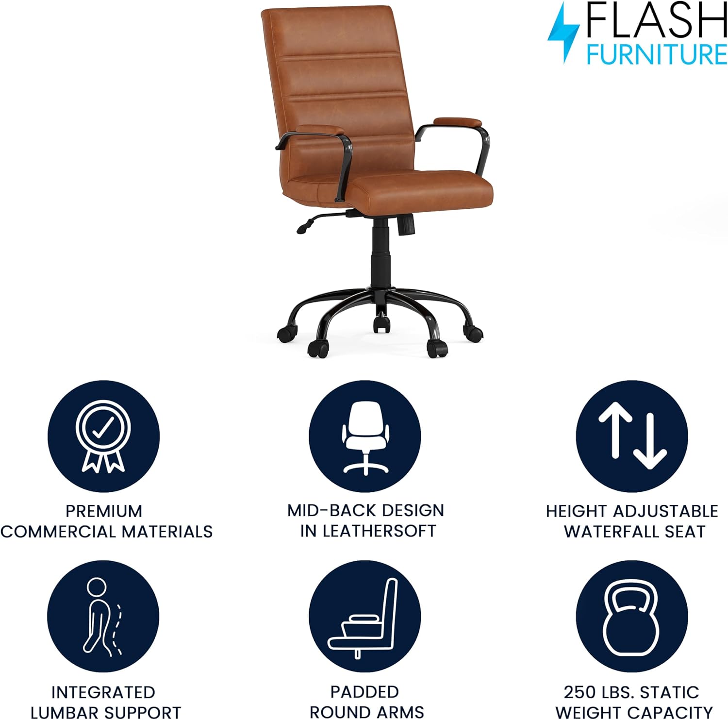 Flash Furniture Whitney Mid-Back Desk Chair - Brown LeatherSoft Executive Swivel Office Chair with Black Frame - Swivel Arm Chair