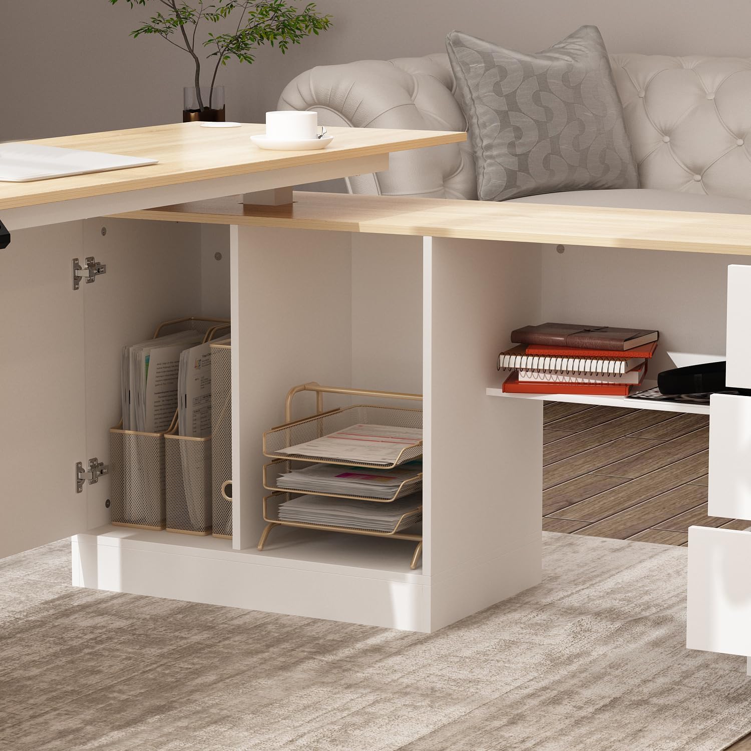 63' W Height Adjustable Standing Desk with Drawers & Cabinet, Electric Stand up Desk with Storage, L Shaped Home Office Table Corner Computer Workstation, White & Oak (28.4'-45.8' H)