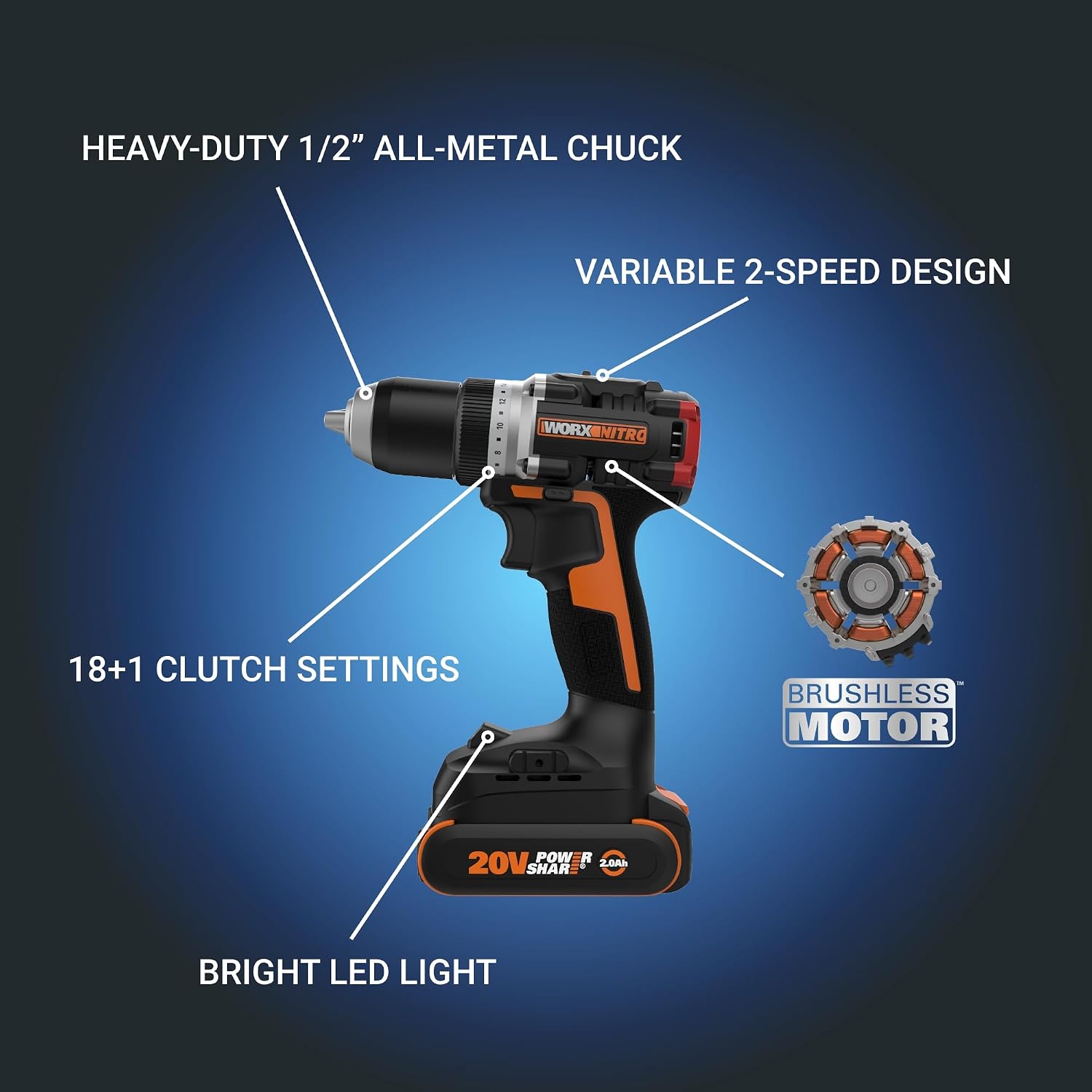 Worx Nitro 20V Cordless 1/2' Drill Driver With Brushless Motor - Compact & Lightweight Set Only 6' and 3 lbs. - Power Share Compatible WX130L - Batteries & Charger Included, Black