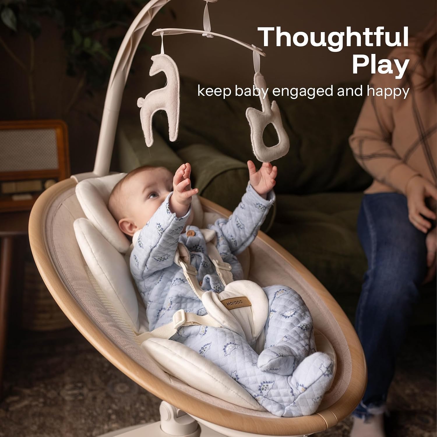 HARPPA Weddell Signature Electric Baby Swings for Infants and Newborns, Eye-Level Baby Swing 5 Speeds and Remote Control 10 Built-in Melodies, 2 Seat Positions & 180° Rotation for Indoor Use,Warm Sand