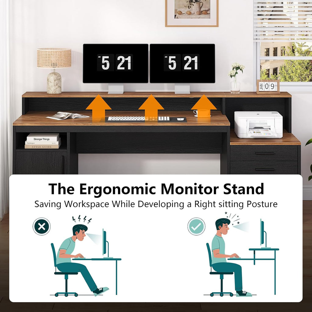 YOMILUVE Computer Desk with 3 Drawers & Storage Shelves, 65 Inch Home Office Desk with File Drawer & Cabinet, Writing Study Desks with Monitor Stand & Printer Shelf, Executive Desk, Brown and Black