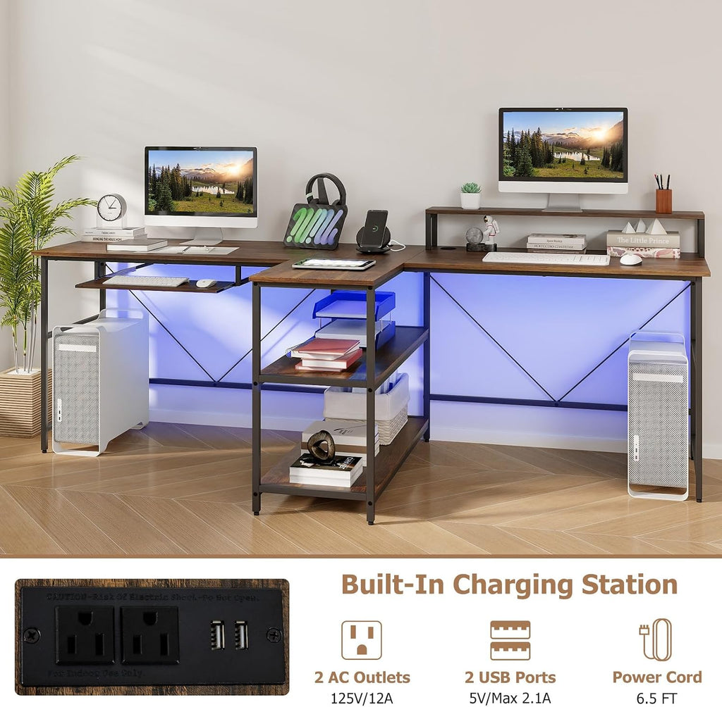 Giantex 94.5' 2 Person Desk with LED Lights, Long PC Study Desk with Storage Shelves, Power Outlets, Keyboard Tray & Monitor Stand, Double Computer Desk Workstation for Home Office (Rustic Brown)