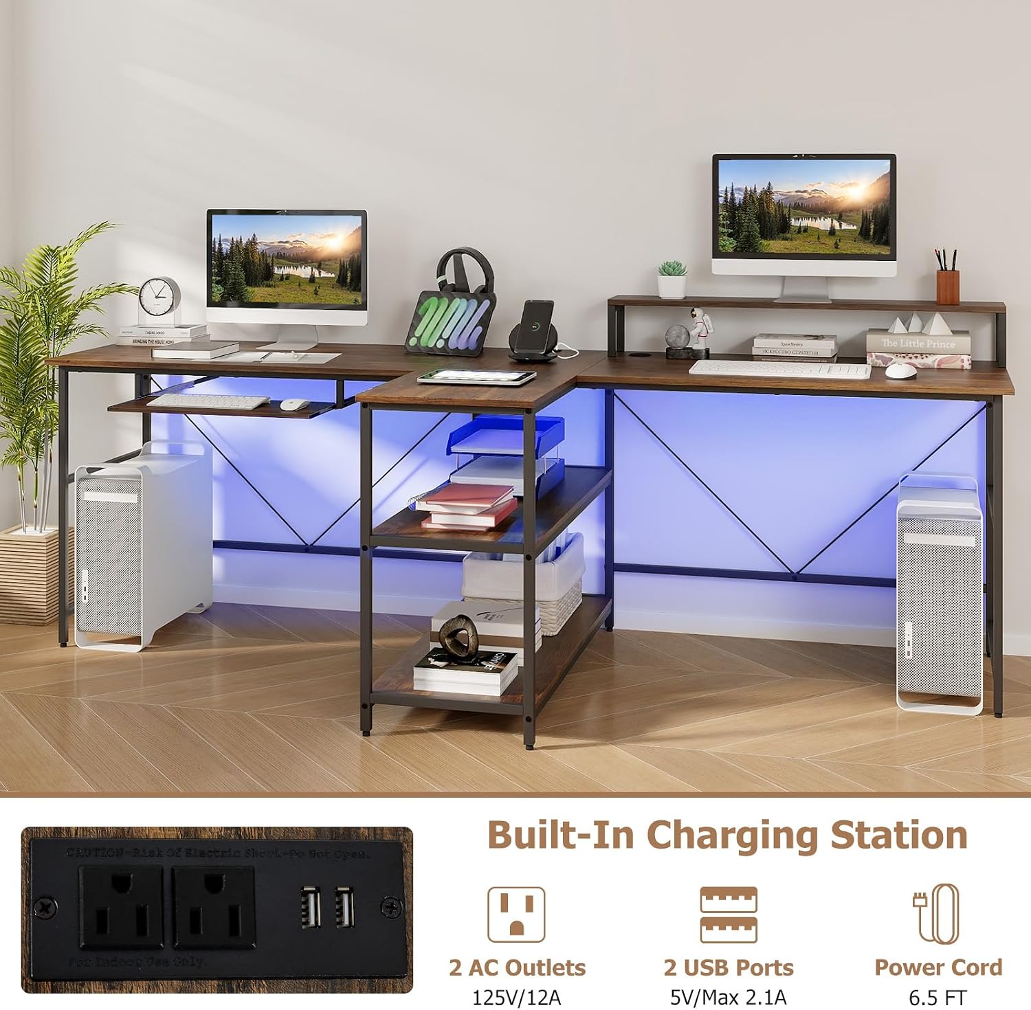 Giantex 94.5' 2 Person Desk with LED Lights, Long PC Study Desk with Storage Shelves, Power Outlets, Keyboard Tray & Monitor Stand, Double Computer Desk Workstation for Home Office (Rustic Brown)