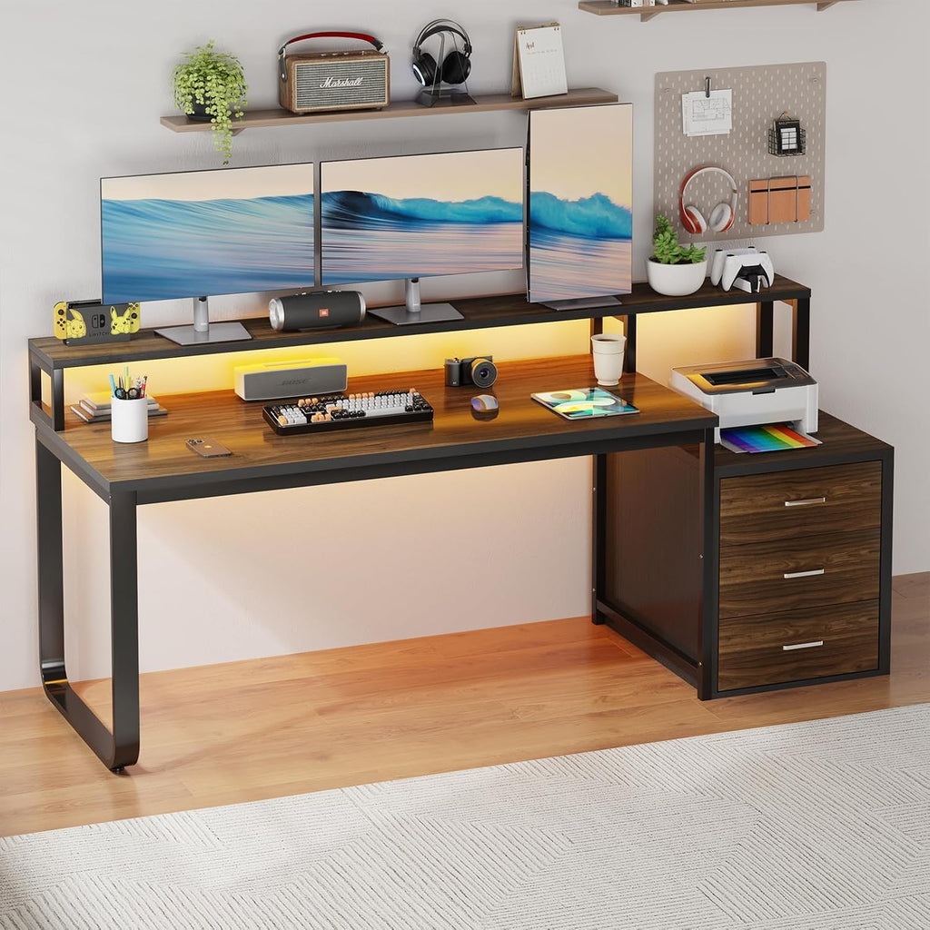 HOMBCK 67' Computer Desk with 3 Drawers, Home Office Desk with Long Monitor Stand and Printer Space, Office Desk with Storage & LED Lights, Writing Desk with Drawers, Black and Walnut