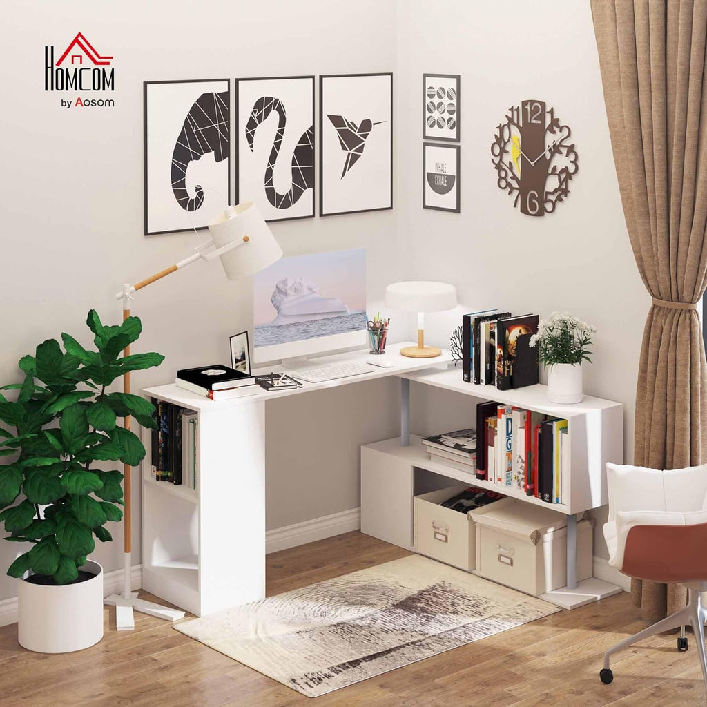 HOMCOM 55' 360° Rotating Corner Computer Desk Modern L-Shaped Home Office Workstation with 3-Tier Storage Shelves, Bookshelf, White