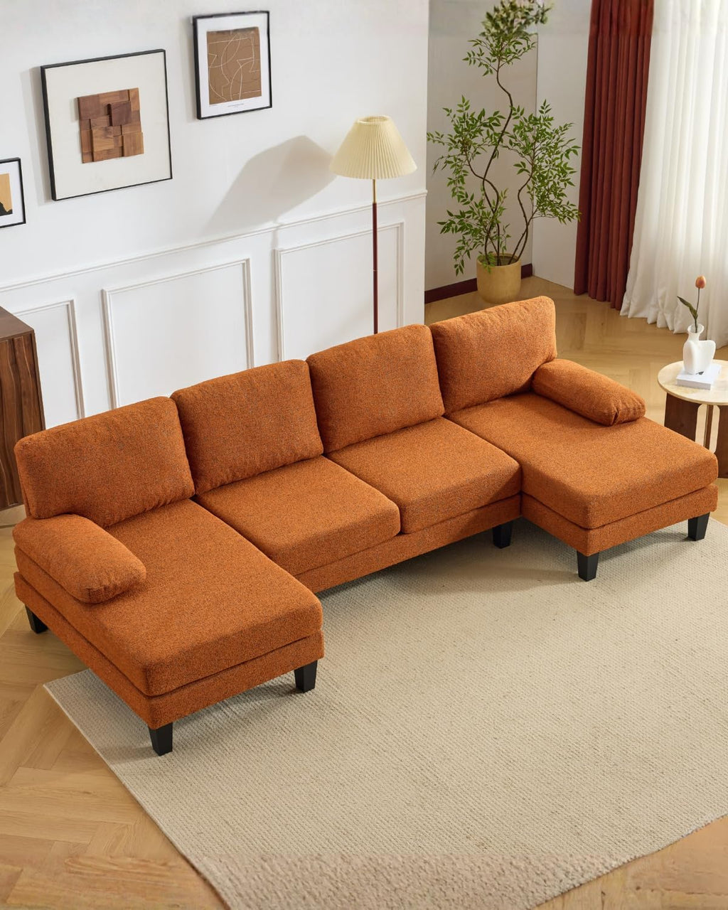 Karl home 110' U-Shape Sectional Couches for Living Room Chenille Upholstery 4 Seat Sofa Set with Double Chaises & Wood Grain Legs for Apartment, Orange