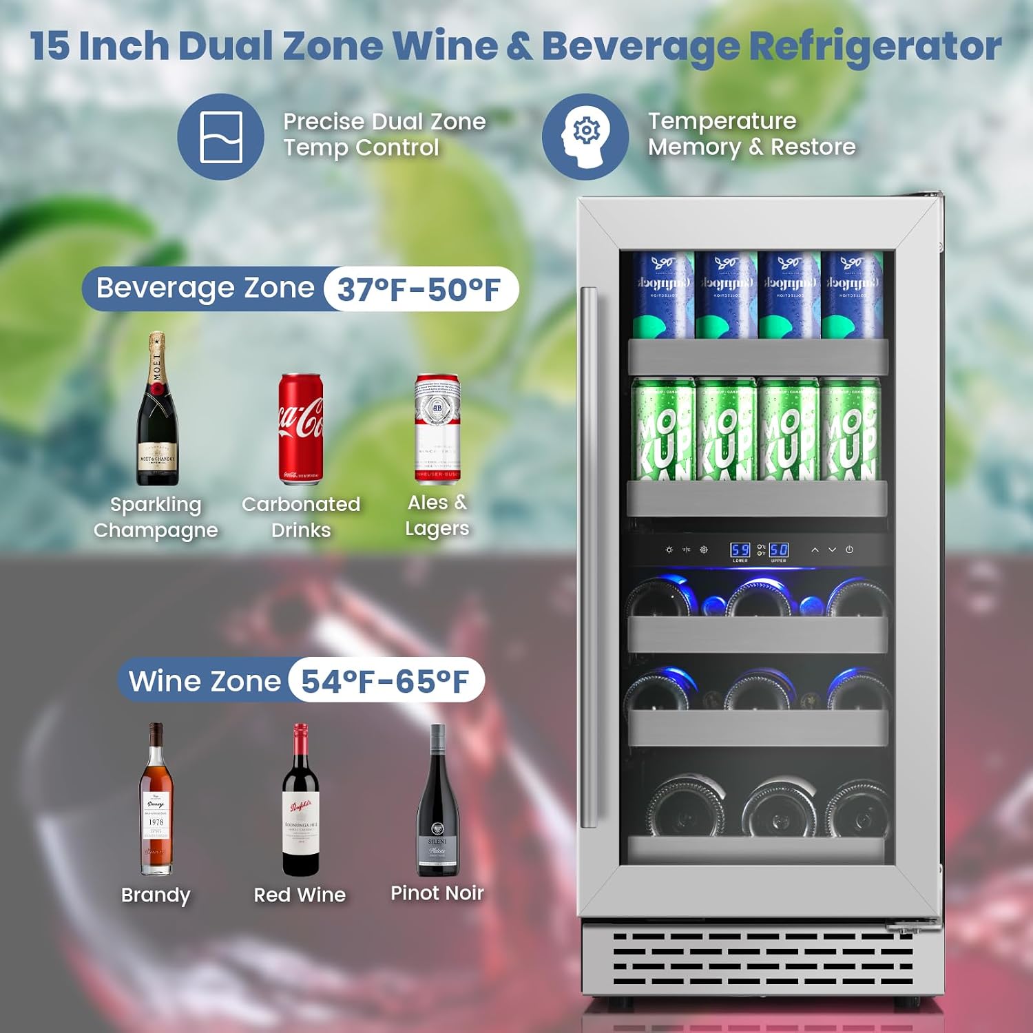 15 Inch Wine and Beverage Refrigerator, 13 Bottle & 48 Cans Dual Zone Wine Cooler, 37-65°F, Freestanding/Under Counter Beverage Fridge with Glass Door Stainless Steel Shelves
