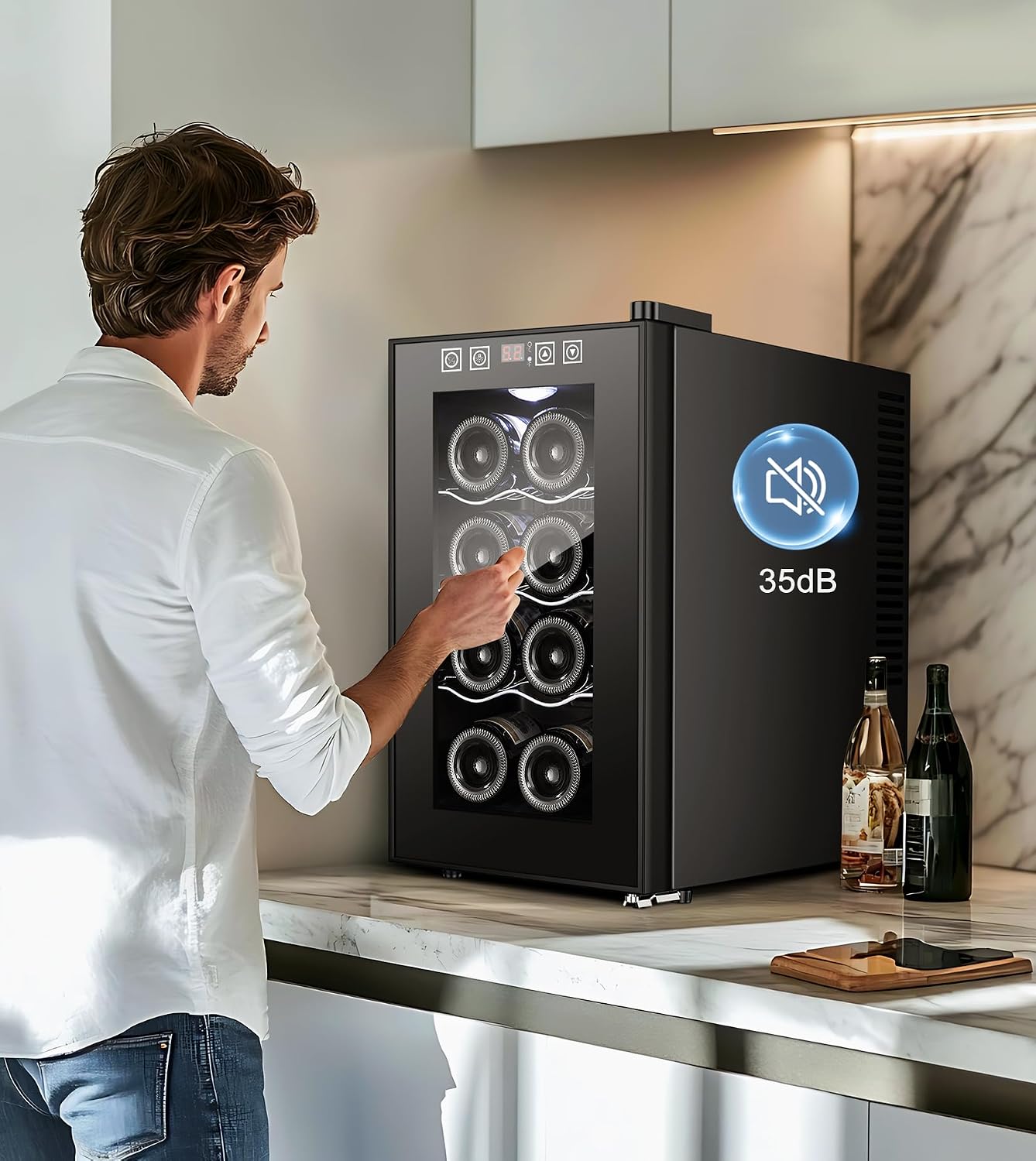 8 Bottle Thermoelectric Wine Fridge, Mini Wine Cooler Refrigerator with LED Touchscreen & Low-E Glass Door, No Vibration Frost-Free Quiet, Countertop/Freestanding, Safety Lock