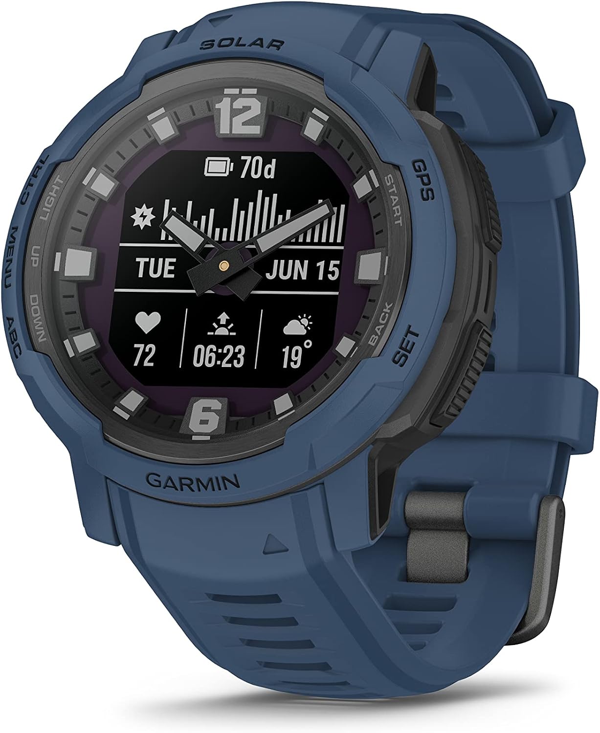 Garmin Instinct Crossover Solar, Rugged Hybrid Multisport GPS Smartwatch, Tidal Blue | Heart Rate Monitor, Analog Hands, Digital Display, Up to 28 Day Battery Life w/Signature Series Charging Bundle