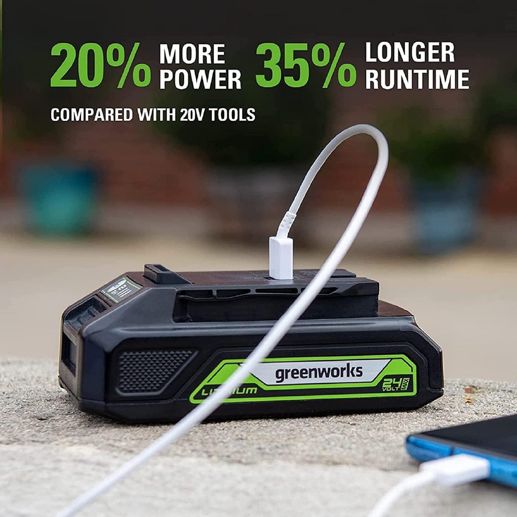 Greenworks 24V Brushless 310 in./lbs Drill / Driver + 2650 in./lbs Impact Driver Combo Kit, (2) USB (Power Bank) Batteries and Dual Port Charger Included LED Light, 2pcs Driving Bits with Tool Bag
