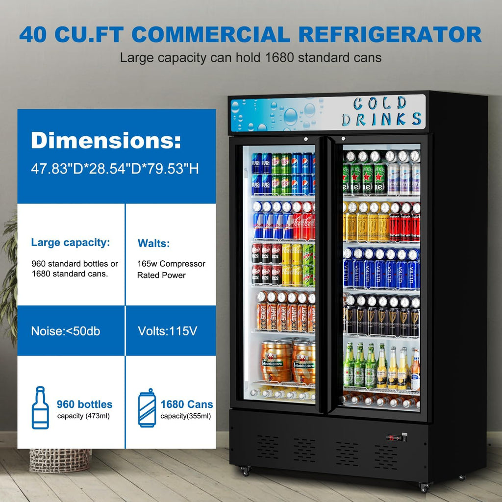 40 Cu.ft. Commercial Beverage Refrigerators, 47.83''Glass Door Refrigerator Upright Display Cooler with Soft LED Light and Adjustable Shelves for Stores