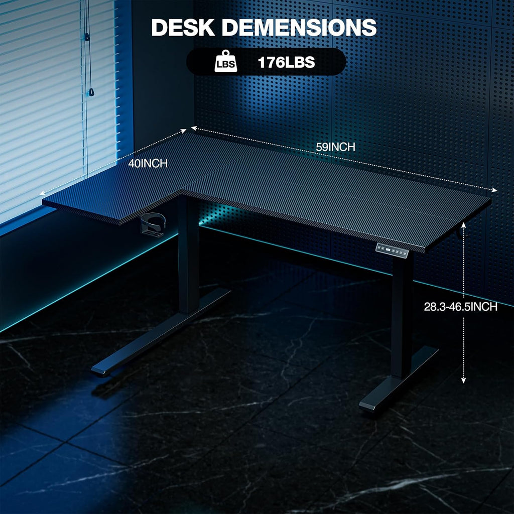 Muvai 59 Inch L Shaped Standing Desk Adjustable Height with Cable Management Tray,Gaming Electric Corner Standing Desk, Sit Stand Computer Table with Reversiable Splice Board, Black Carbon