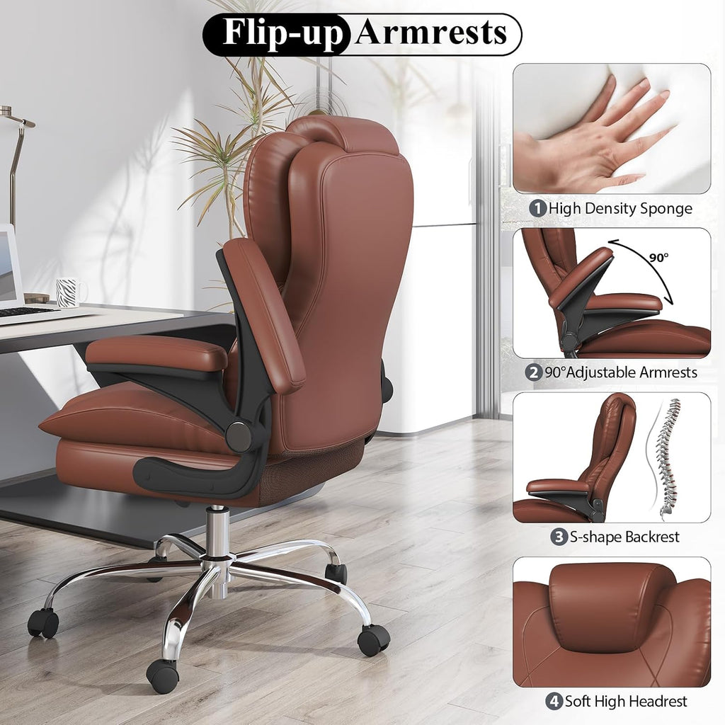 Office Desk Chair, Executive Leather Office Chair, High Back Ergonomic Home Desk Chair with Padded Flip-up Arms, Big and Tall Computer Chair with Rocking Function, 360°Swivel Free, Light Brown