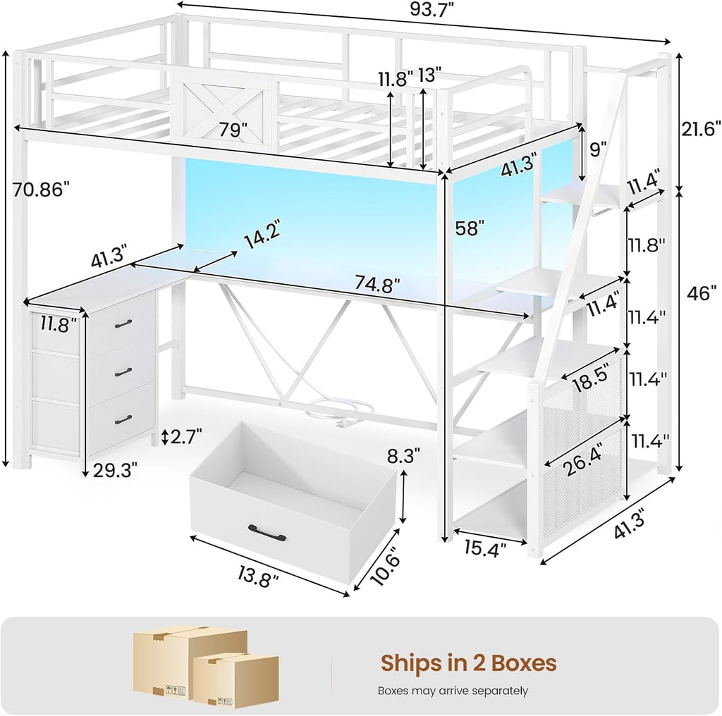 Itaar Stairway Twin Size Loft Bed with L Shaped Desk and Wardrobe, Metal Loft Bed Frame with Stairs, 3 Fabric Drawers, LED Lights & Charging Sation, No Noise & No Box Spring Needed, White