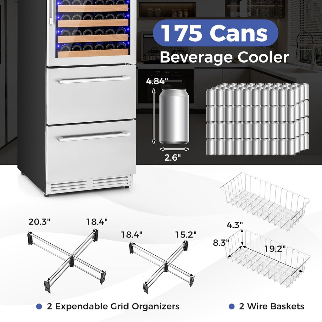 COSTWAY 24 Inch Wine and Beverage Refrigerator, Dual Zone Beverage Cooler with Independent Temperature Control, 108 Bottles and 175 Cans, Built-In or Freestanding Wine Cellar