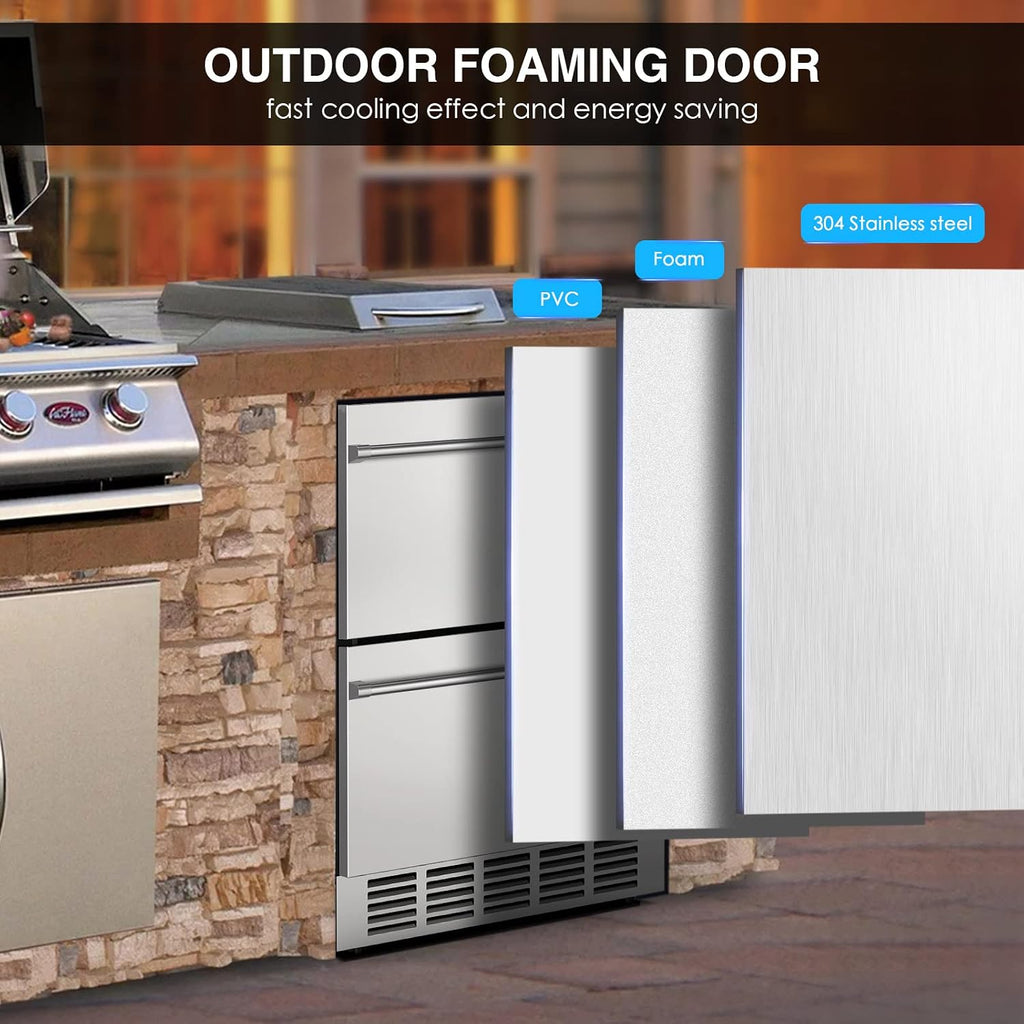 Mojgar 24' Under Counter Beverage Refrigerator, Indoor/Outdoor Fridge with Double Drawer Storage, Quiet 38dB Compressor & Weather-Proof Stainless Steel – Beverage Fridge for Home, Patios, Restaurants