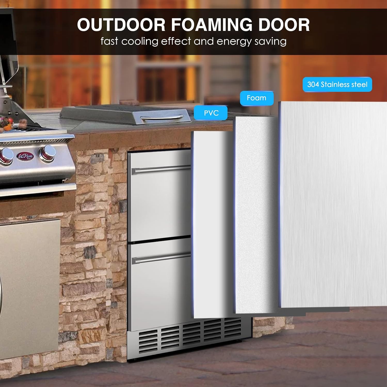 Mojgar 24' Under Counter Beverage Refrigerator, Indoor/Outdoor Fridge with Double Drawer Storage, Quiet 38dB Compressor & Weather-Proof Stainless Steel – Beverage Fridge for Home, Patios, Restaurants