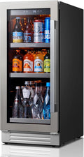 Ca'Lefort Beverage Refrigerator 15 Inch, 100 Cans Mini Fridge with Double Glass Door, Built-in or Freestanding Drink Cooler with Amber LED Light, Beverage Fridge for Kitchen Bar Office(Left-Hinged)