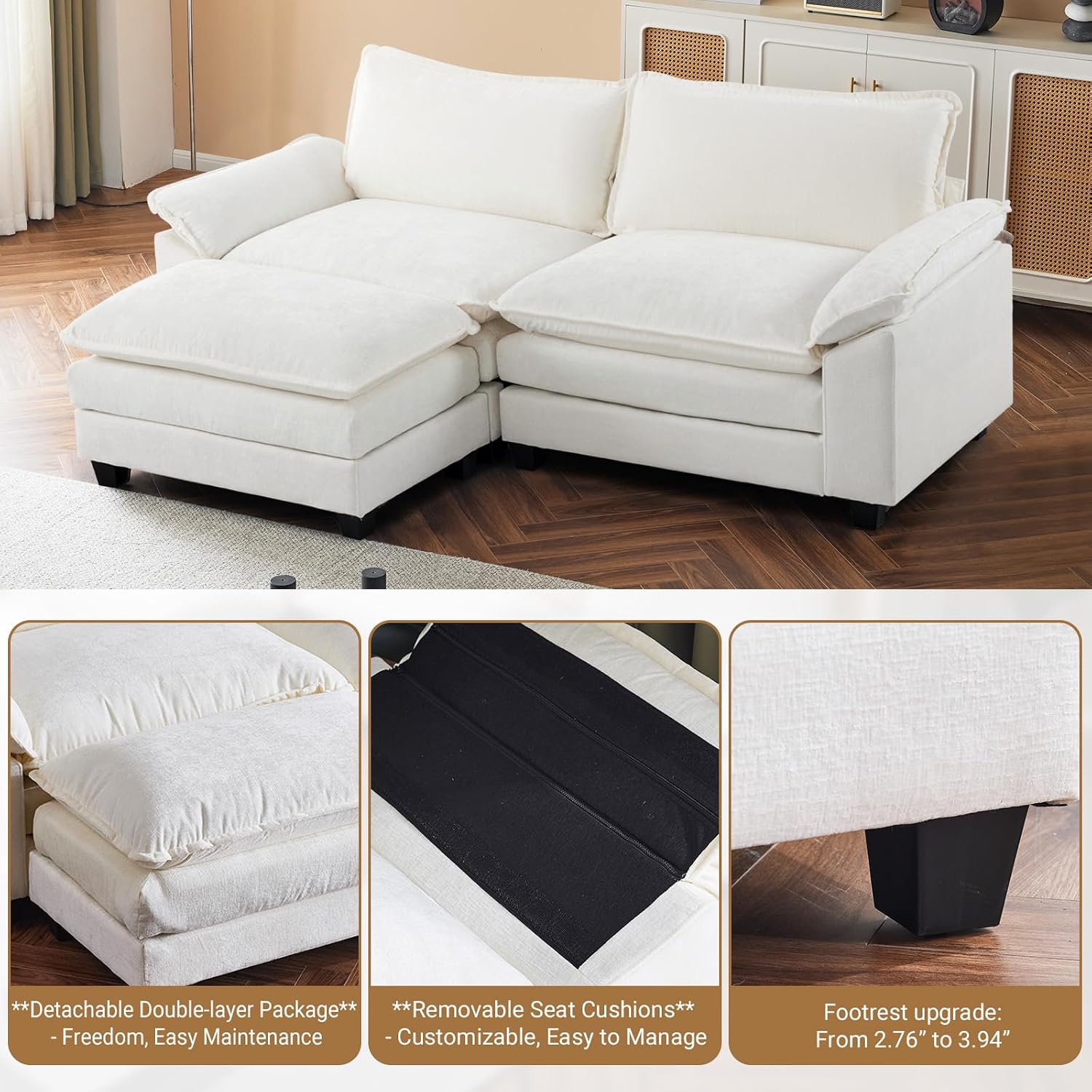 VINGLI 87' Convertible Sectional Sofa,L-Shaped Deep Seat Sofa Couch for Living Room,Modern 2-Seat Loveseat Sofa with Ottoman for Small Space(Creamy White, 87')