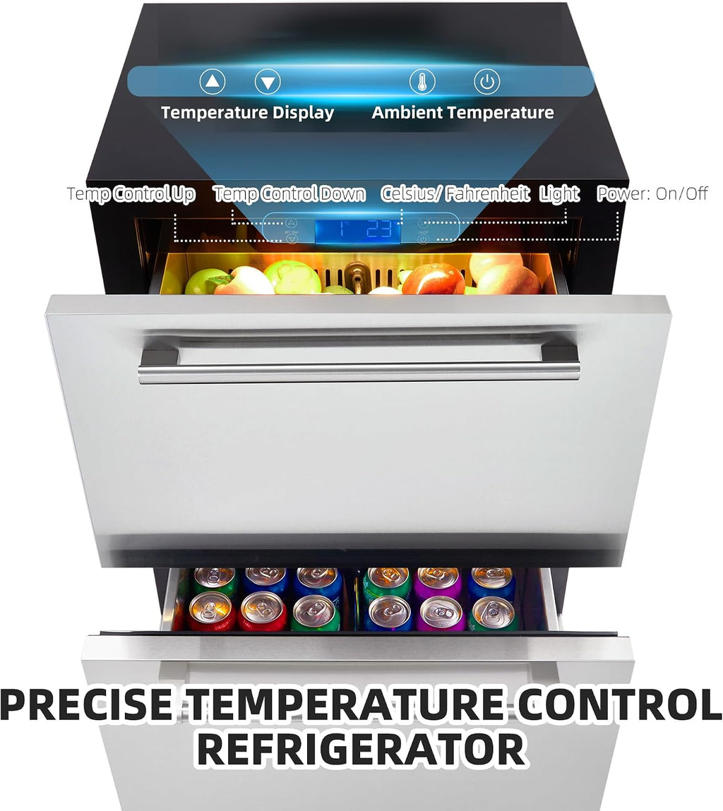 Garvee 24 in Outdoor Drawer Fridge, Counter Double Drawer Beverage Refrigerator, 5.2 Cu.Ft. Weather Proof Stainless Steel Built-in Fridge for Residential Commercial Use Black