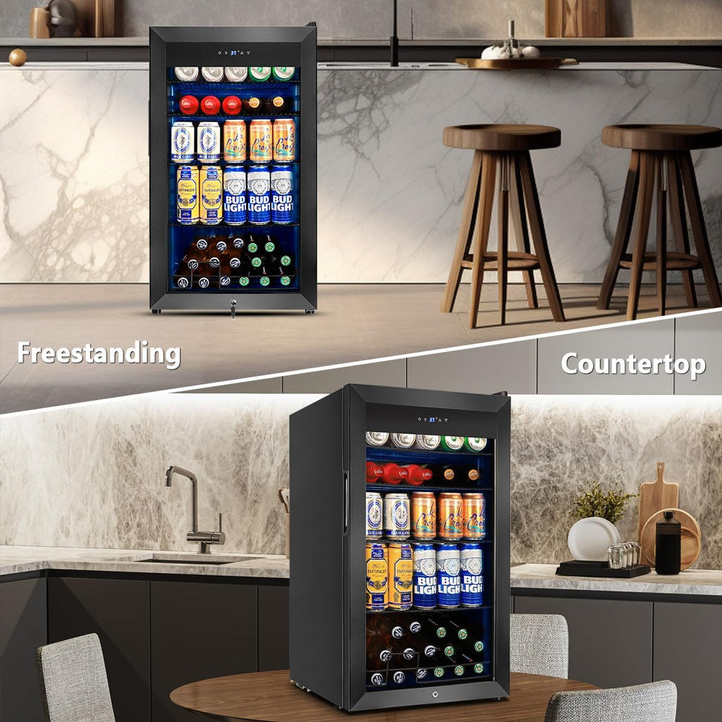 Tylza Beverage Refrigerator Cooler, 130 Cans 3.22 Cu.Ft Small Refrigerator with Low-E Glass Door, Lock, 17-Inch Beer Fridge for Drinks, Beer and Wine, Mini Fridge for Bedroom, Office and Bar, Black