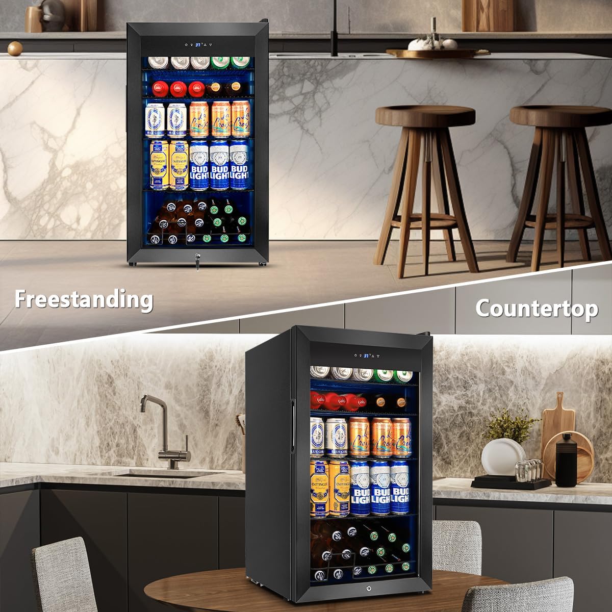 Tylza Beverage Refrigerator Cooler, 130 Cans 3.22 Cu.Ft Small Refrigerator with Low-E Glass Door, Lock, 17-Inch Beer Fridge for Drinks, Beer and Wine, Mini Fridge for Bedroom, Office and Bar, Black