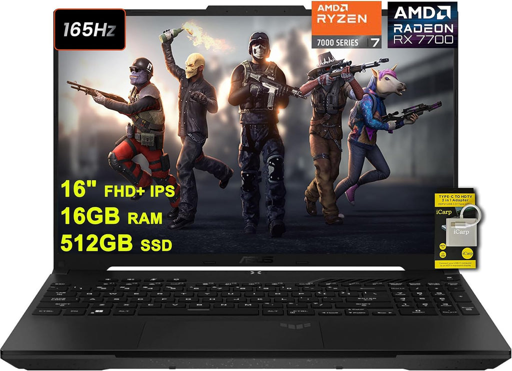ASUS TUF Gaming A16 Laptop 16' FHD+ 165Hz 7ms 100% sRGB AMD Octa-core Ryzen 7 7735HS 16GB RAM 512GB SSD Radeon RX 7700S 8GB (>RTX4060) Backlit Type-C USB4 Fast Charging Win11 ICP Accessory