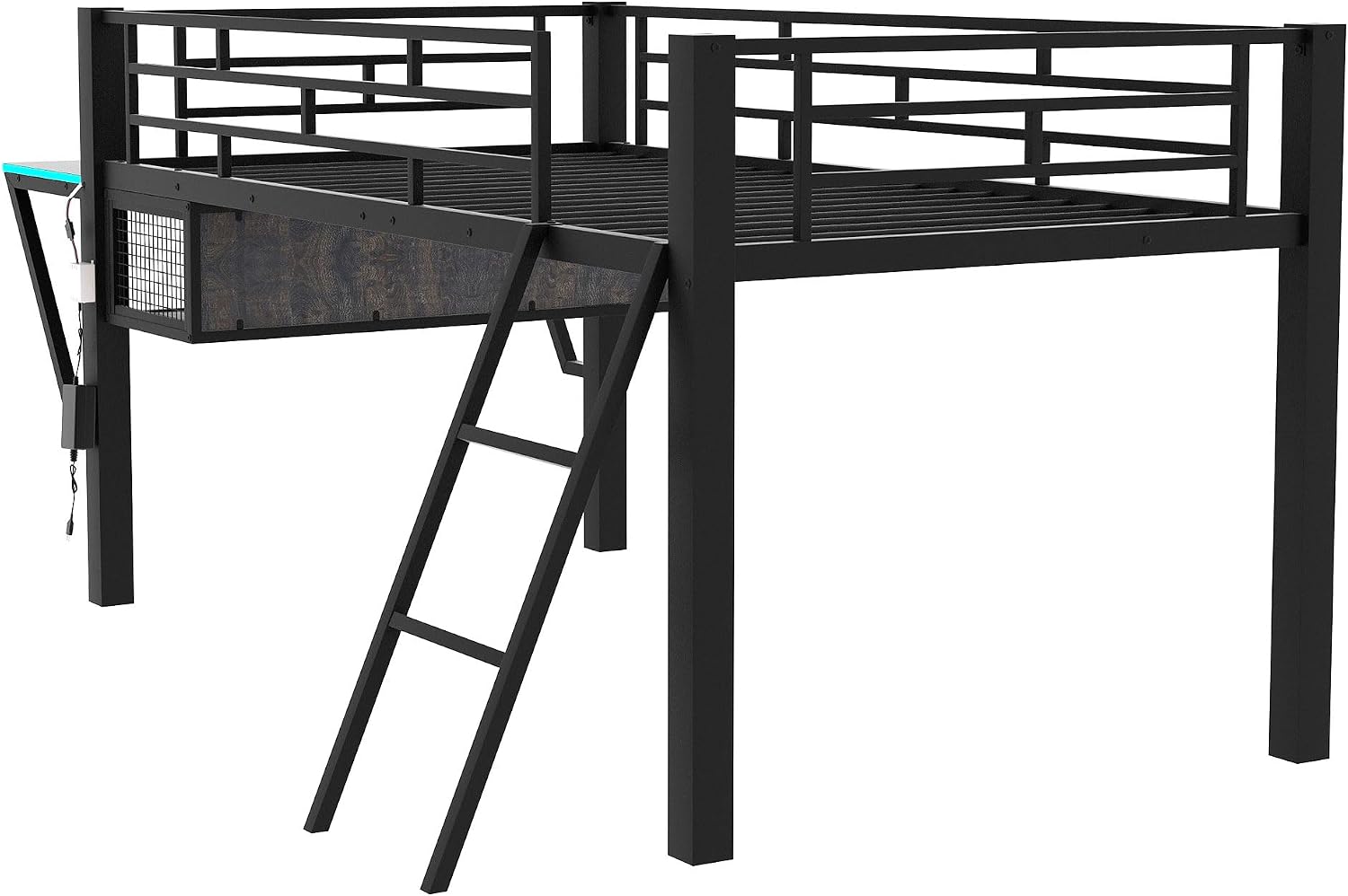 Bellemave Twin Loft Bed with Desk, Gaming mid loft Bed with Desk, LED, Storage Space, Black