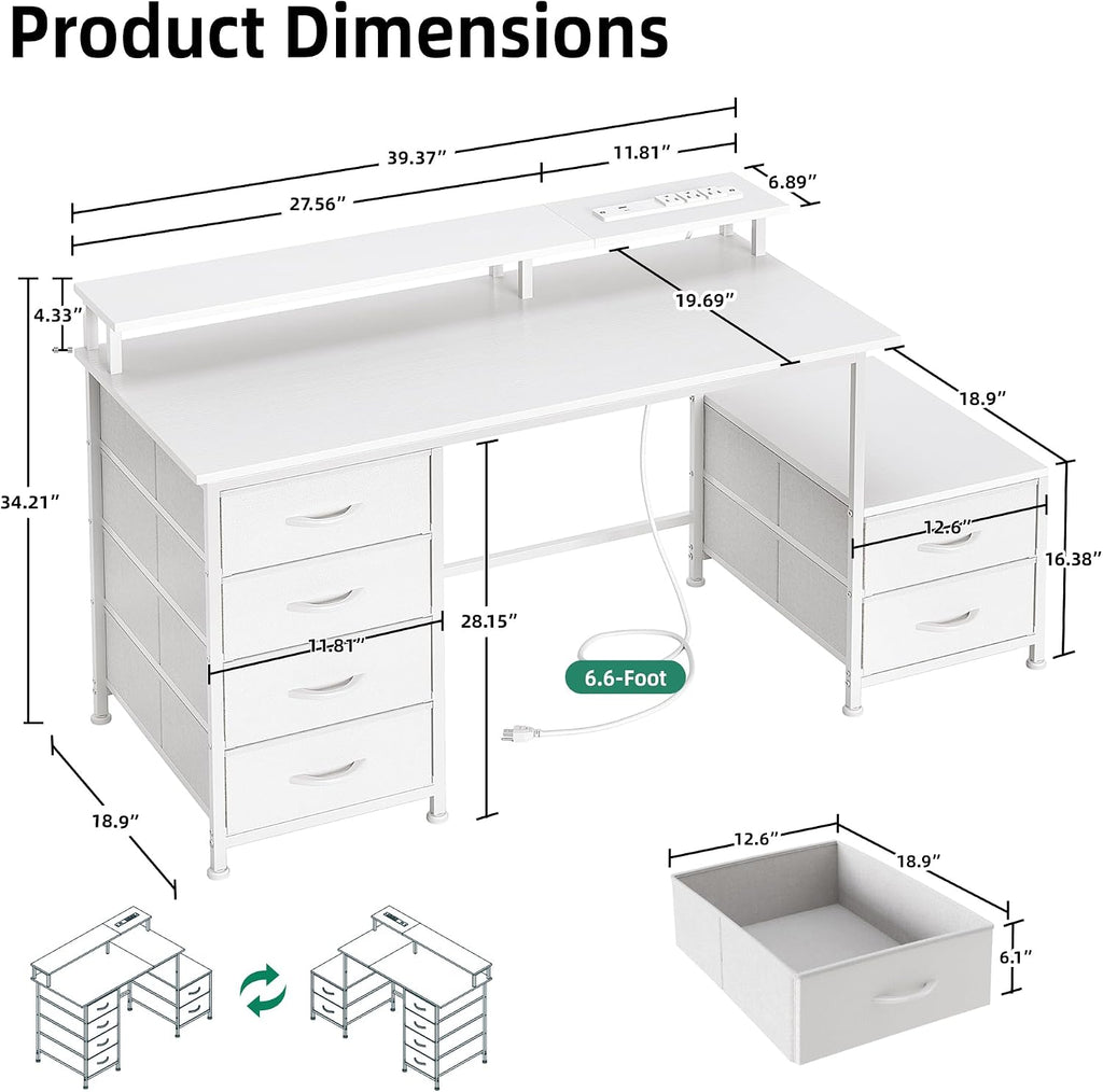 52 Inch Office Desk with 6 Drawers and Printer Space for Storage, Reversible Computer Desk with Monitor Stand & Power Outlets, Home Office Desks, White
