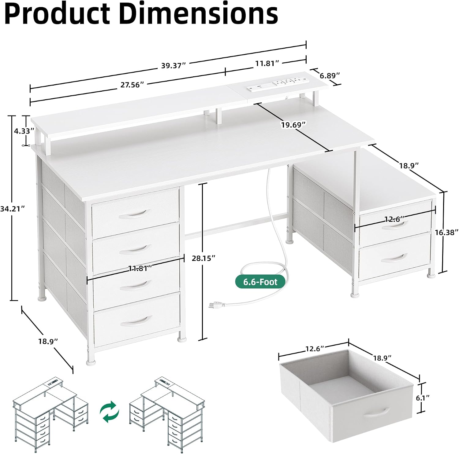 52 Inch Office Desk with 6 Drawers and Printer Space for Storage, Reversible Computer Desk with Monitor Stand & Power Outlets, Home Office Desks, White